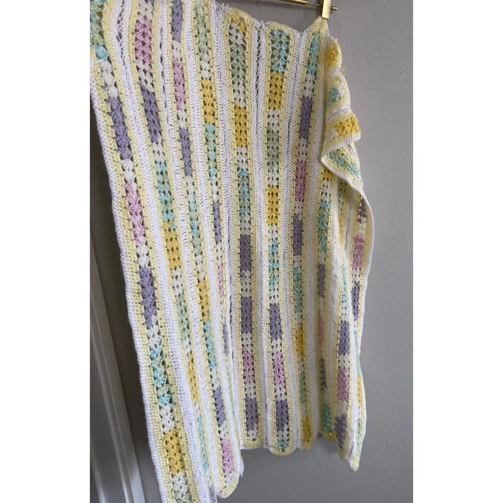 Handmade Crochet small lap blanket Pastel Striped Scalloped Boho cottage dainty